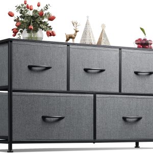 WLIVE Dresser for Bedroom with 5 Drawers, Wide Chest of Drawers, Fabric Dresser, Storage Organizer Unit with Fabric Bins for Closet, Living Room, Hallway, Dark Grey