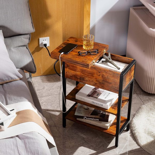 Yoobure End Table with Charging Station, Flip Top Side Table with USB Ports and Outlets, Sofa Couch Table Bedside Table for Living Room Bedroom, Narrow Nightstand with Storage Shelves for Small Space - Image 2